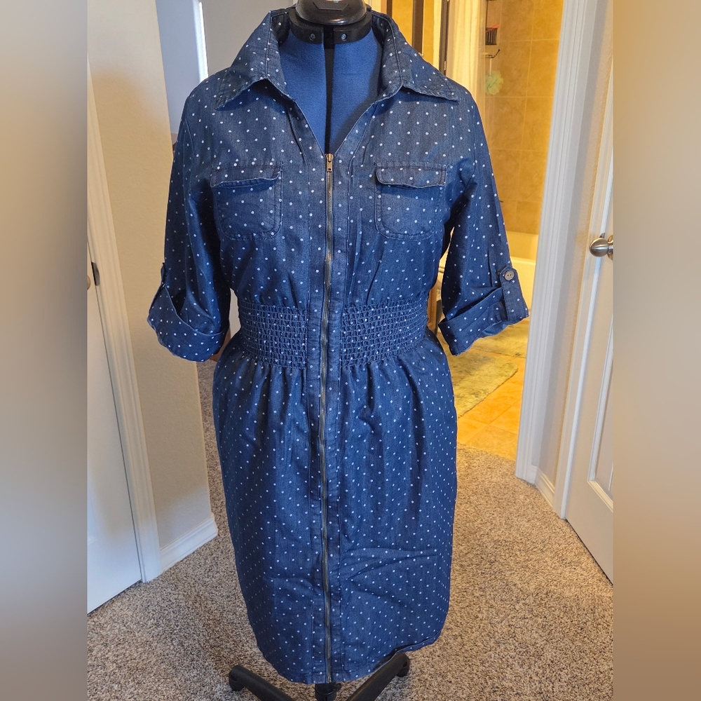 J Gee Blue Polka Dot Denim Shirtdress with Smocked Waist XL